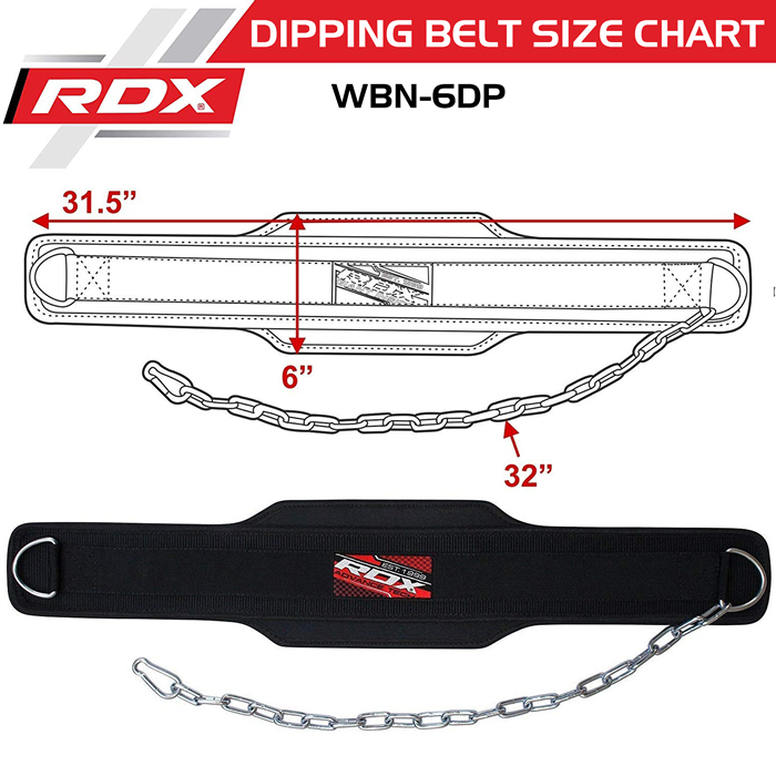 RDX 6DP Weight Training Dipping Belt with Chain size chart